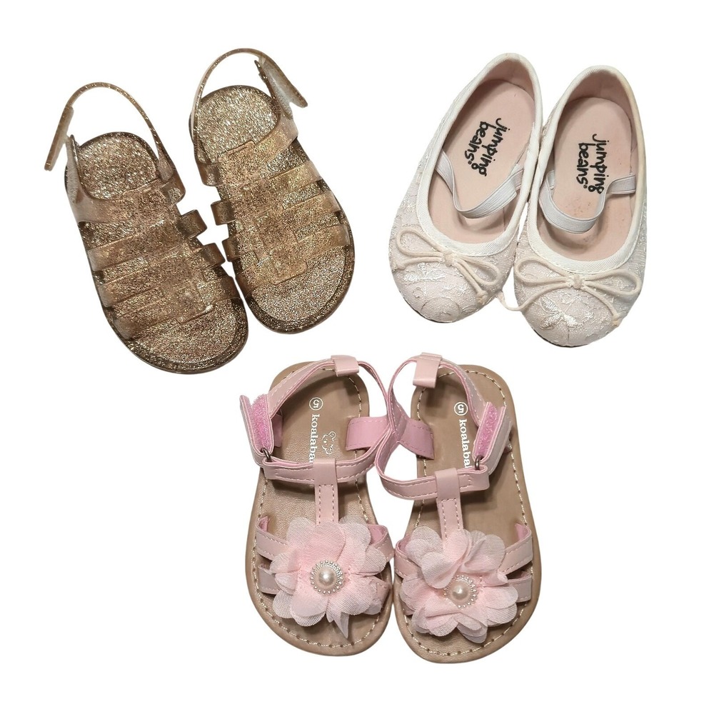 Lot 3 Pairs Baby Girls Size 5 Shoes Gold Glitter Sandals Pink Flowers White Flat